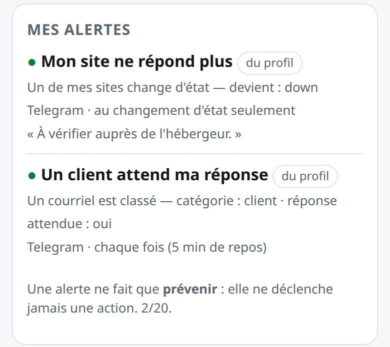 Écran « Mes alertes » du tableau de bord de Pocket