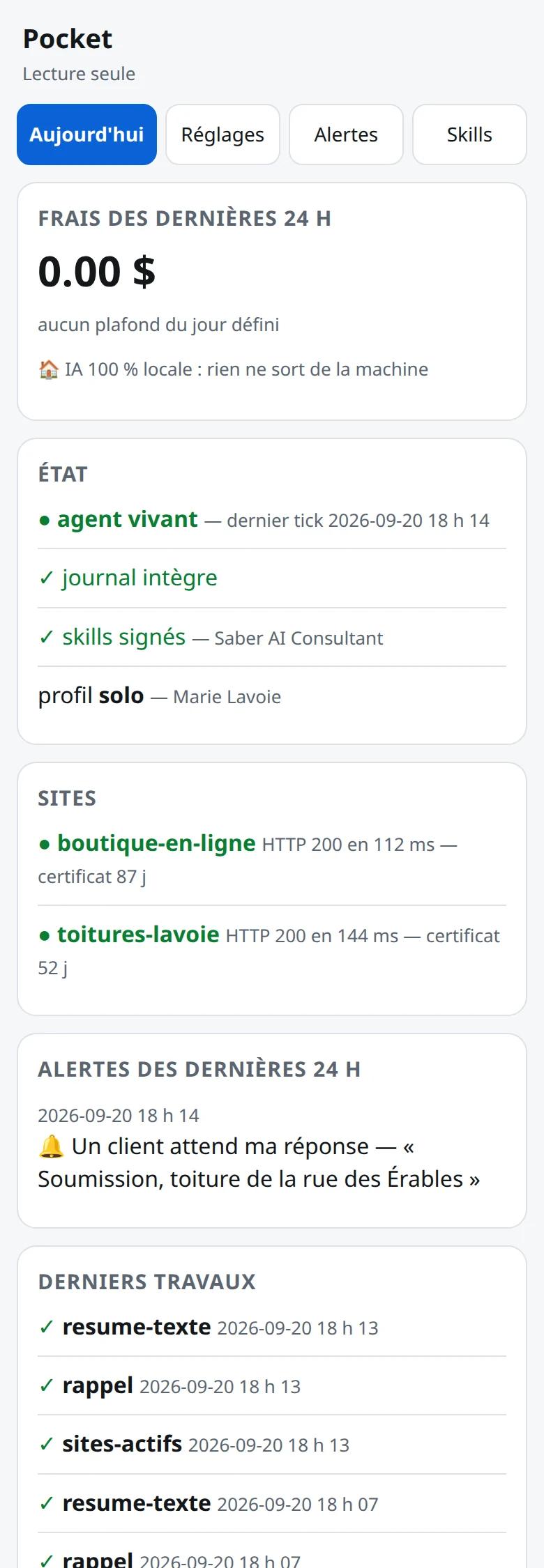 Écran « Aujourd'hui » du tableau de bord de Pocket, sur un cellulaire