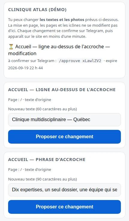 Écran « Mon site » : proposer un changement de texte sur le site d'une clinique de démonstration