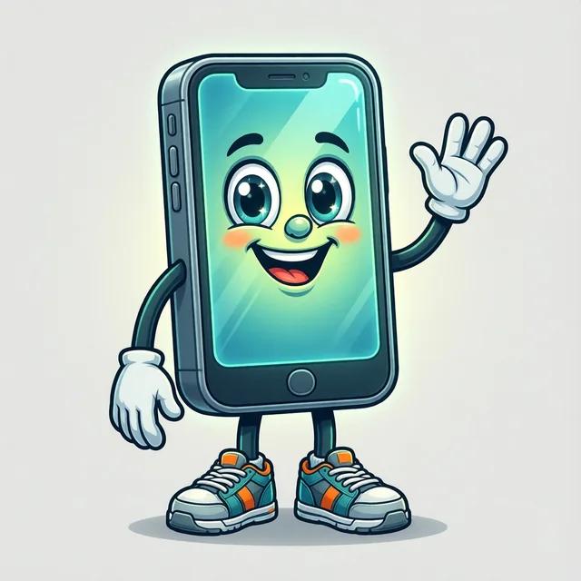 Pocket, la mascotte : un cellulaire en dessin animé qui salue de la main