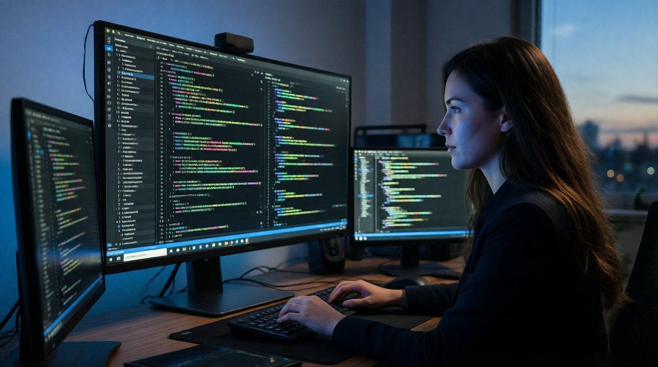Développeuse relisant du code sur trois écrans pendant la validation d'un site
